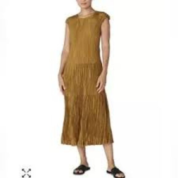 NWT Eileen Fisher BRONZE Crushed Silk Jewel Neck Tiered Dress - Picture 1 of 4